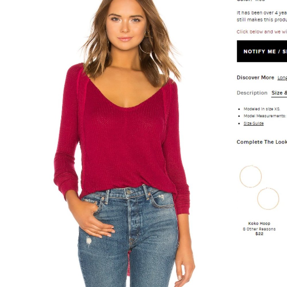 Catalina Thermal Free People Long Sleeve Red Shirt
